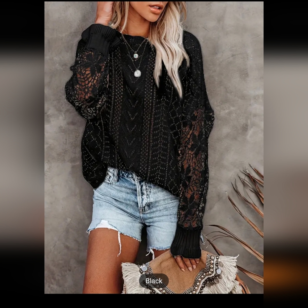 Contrast Lace Eyelit Knit Sweater